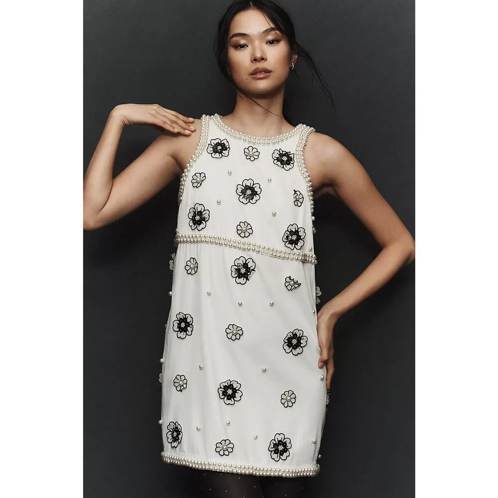 NWD Maeve 3D Embellished Pearl Shift Mini Dress Sz XSP Petite White #8D546